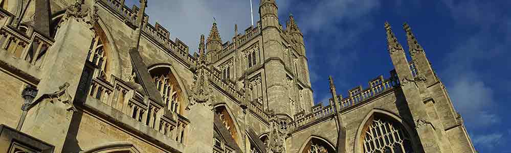 View from ground level of the stone-built medieval exterior.