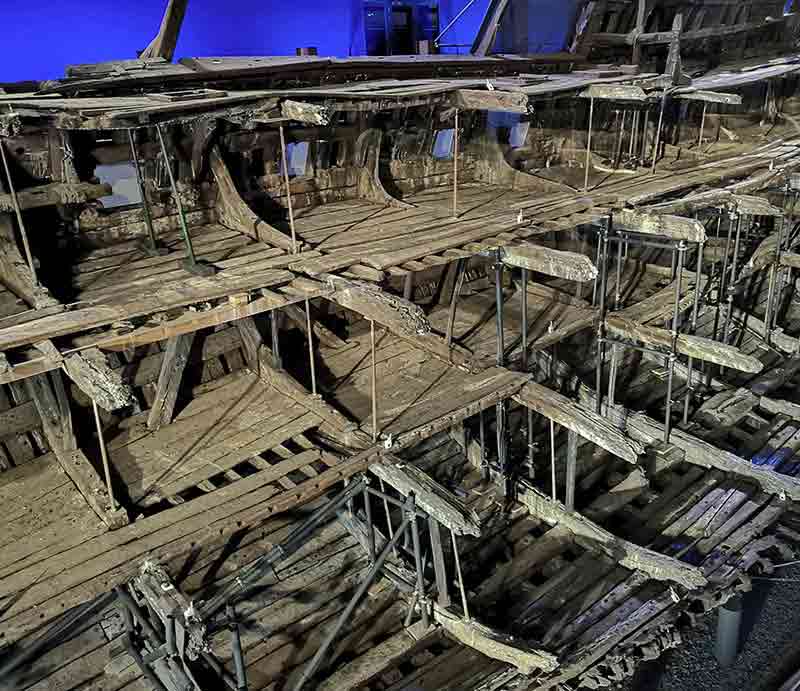 The framework of the ship displayed at the museum.