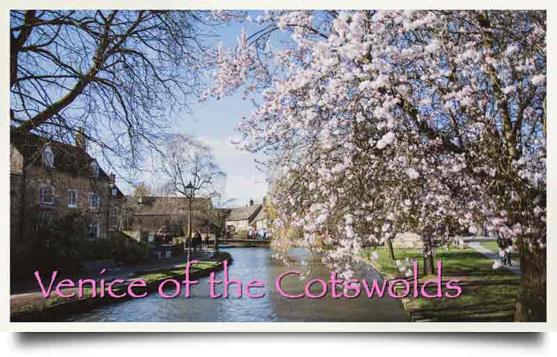 The river with trees in blossom and caption 'Venice of the Cotswolds'.