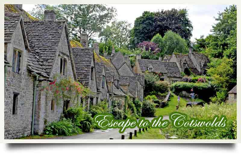 Picturesque village lane with caption 'Escape to the Cotswolds'.