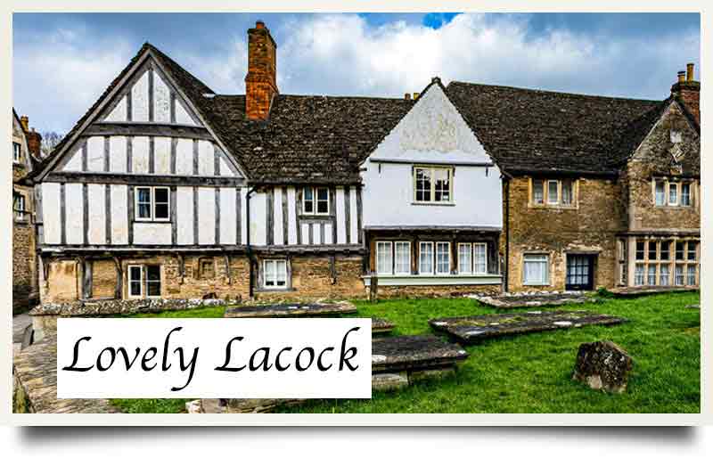 Timber framed house with caption 'Lovely Lacock'.