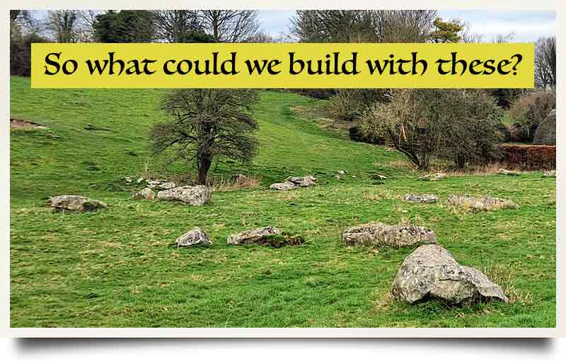 Large stones in the woodland landscape with capion 'So what can we make with these?'.