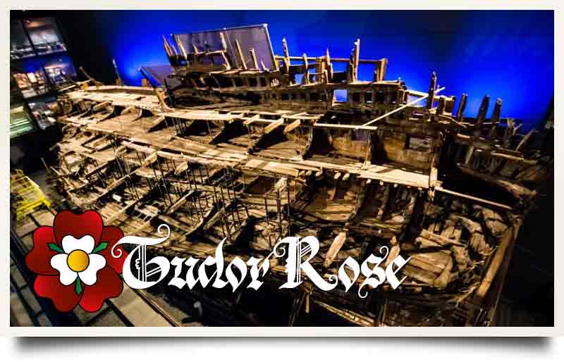 The remains of the ship with a red rose icon and caption 'Tudor Rose'