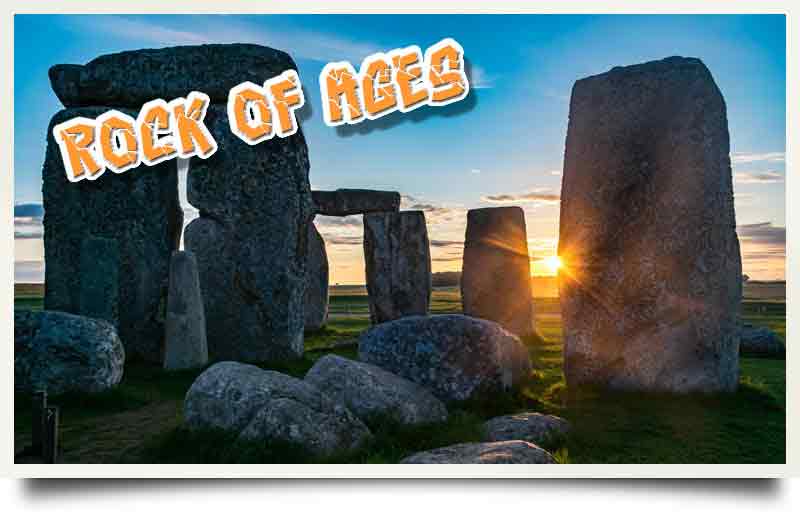 The stones with sun setting with caption 'Rock of ages' in a rock-like font.