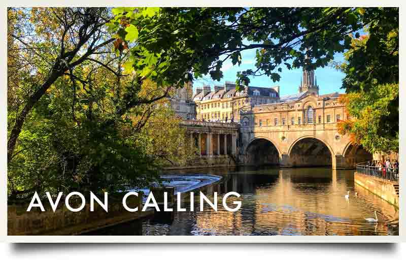 View from the Avon river to the bridge with caption 'Avon Calling'.