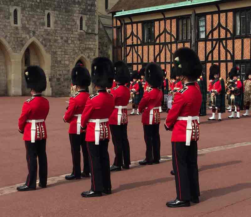 Parading soldiers in red tunics with black busby hats.